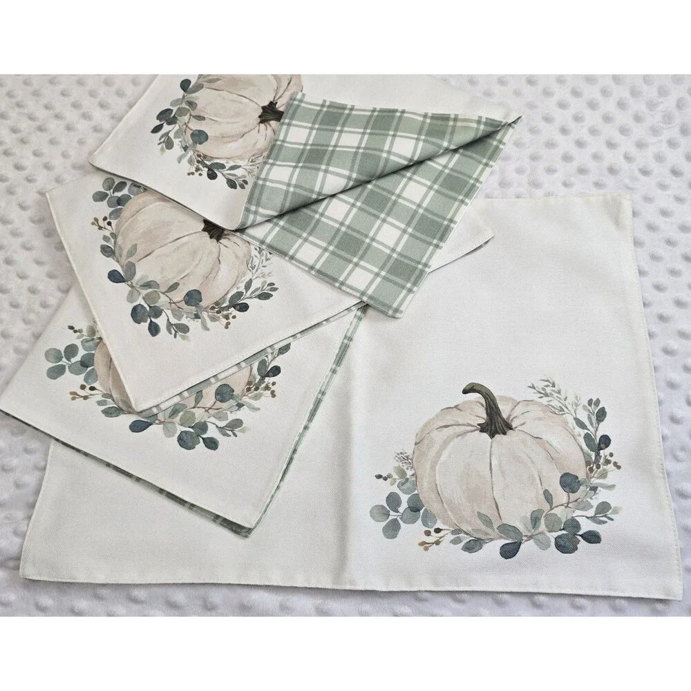 Reversible Fall Pumpkin Plaid Placemats Set Robert Stanley Eucalyptus Watercolor